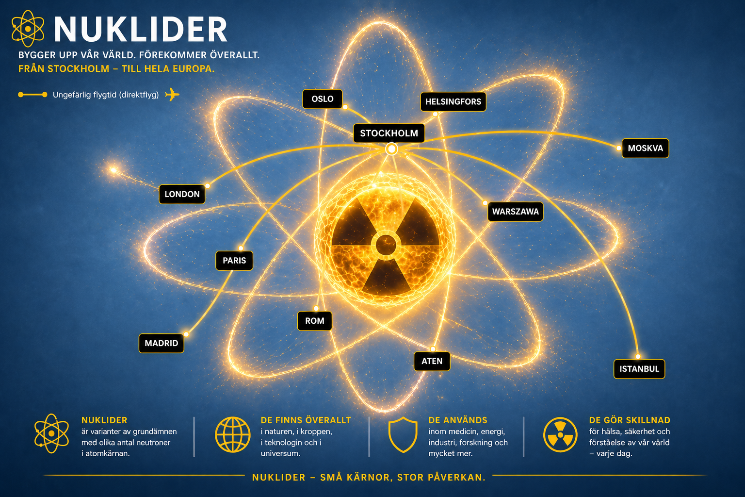 Nuklider bygger upp vår värld — atom med Europakarta som visar hur nuklider används från Stockholm till hela Europa